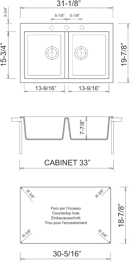 Zuhnë Rialto 31 Black Granite Composite Kitchen Sink, Dual Mount Undermount Drop-In Double Bowl, Matte Black, Quick Drain Dry Tech, Cutting Board, 31 x 20 in