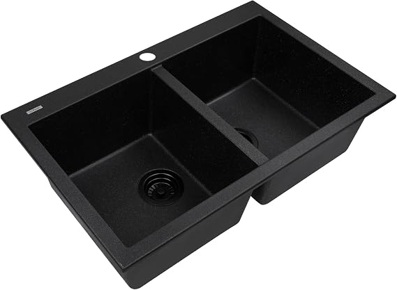 Zuhnë Rialto 31 Black Granite Composite Kitchen Sink, Dual Mount Undermount Drop-In Double Bowl, Matte Black, Quick Drain Dry Tech, Cutting Board, 31 x 20 in