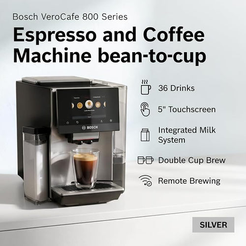 Bosch 800 Series Fully Automatic Coffee, Espresso Machine - Silver Double Cup, Touchscreen, Large Bean Capacity, 36 Drinks, Cold Brew, Save up to 30 Profiles - Integrated Milk Container