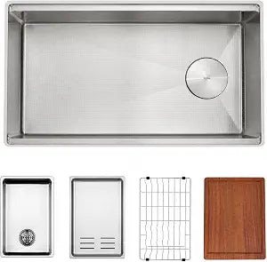 Zuhnë Neste V5 33-Inch Workstation Kitchen Sink, Single Bowl True 16 Gauge 316 Stainless Steel, Honeycomb Texture, Nano Coating, Reversible Offset Drain, 33.