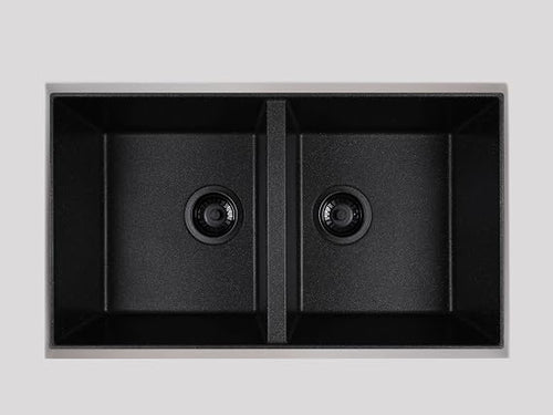 Zuhnë Rialto 31 Black Granite Composite Kitchen Sink, Dual Mount Undermount Drop-In Double Bowl, Matte Black, Quick Drain Dry Tech, Cutting Board, 31 x 20 in