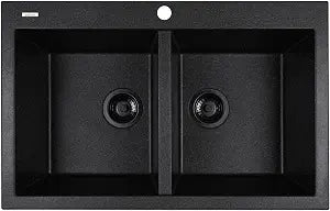 Zuhnë Rialto 31 Black Granite Composite Kitchen Sink, Dual Mount Undermount Drop-In Double Bowl, Matte Black, Quick Drain Dry Tech, Cutting Board, 31 x 20 in