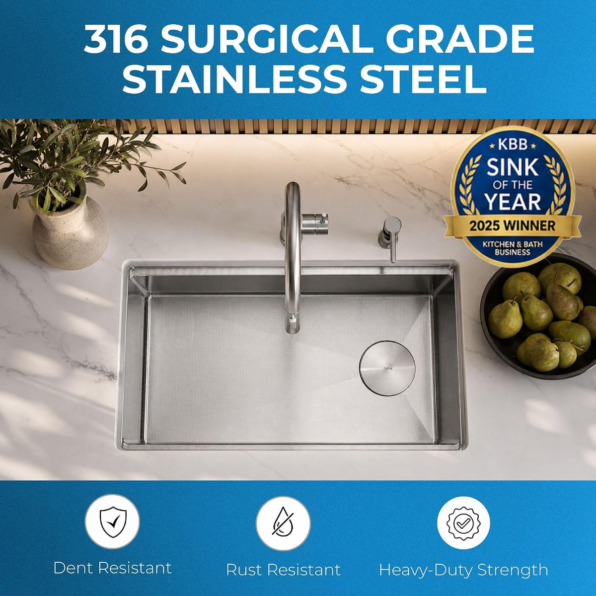Zuhnë Neste V5 33-Inch Workstation Kitchen Sink, Single Bowl True 16 Gauge 316 Stainless Steel, Honeycomb Texture, Nano Coating, Reversible Offset Drain, 33.