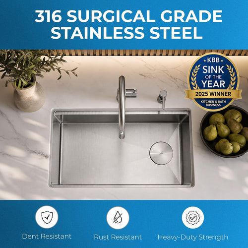 Zuhnë Neste V5 33-Inch Workstation Kitchen Sink, Single Bowl True 16 Gauge 316 Stainless Steel, Honeycomb Texture, Nano Coating, Reversible Offset Drain, 33.